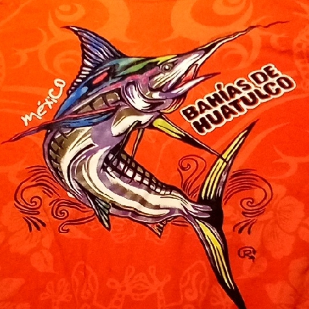 Men's Vintage XL Orange Shirt Marlin Raised Felt Huatulco Mexico AOP Yazbek